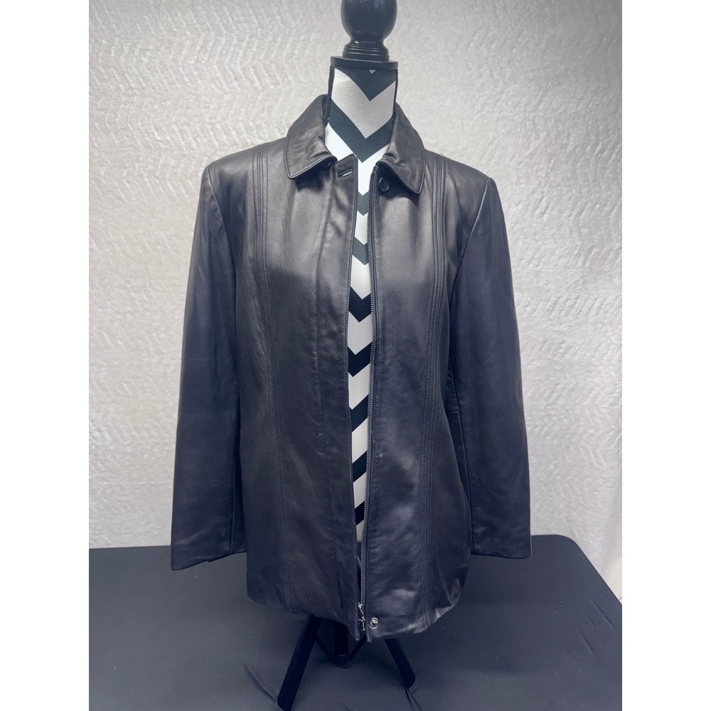 Relativity Womens Black Genuine Leather Belted Zip Front Jacket Coat Size M